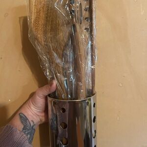 Stainless Steel Utensil Holder with Natural Wood Kitchen Tools - Brown